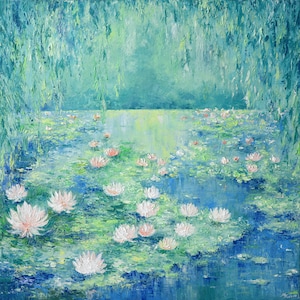 Monet Inspired Water Lilies Oil Painting, Lotus Pond Art