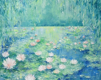 Pintura al óleo de nenúfares inspirada en Monet, arte de estanque de lotos