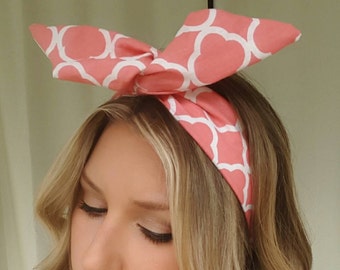 Coral Moroccan print dolly bow headband