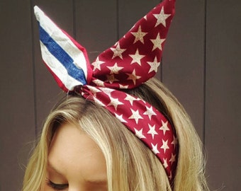 Rustic America red maroon  Cream Stars and stripes  dolly bow headband