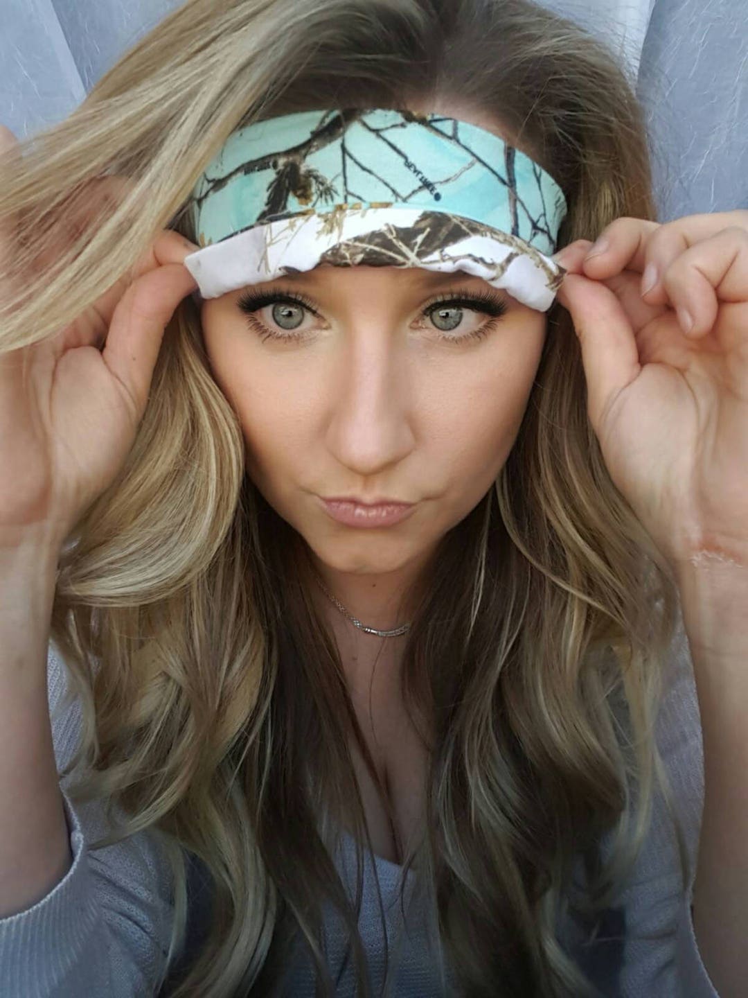 Reversible White Camo & Teal Realtree Camo Flannel Single Headband