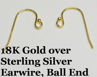 18k Gold over Sterling Silver Earring Wire, Ball End, 21 Gauge, 1 Pair, Vermeil