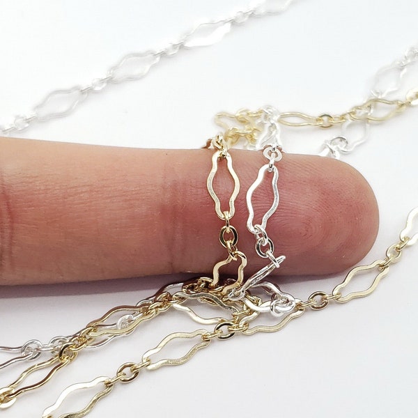 Large Long and Short Flat Krinkle Chain, 4mm x 9mm, Sterling Silver, 14k Gold Filled, Sold by the Foot, Bulk Savings Available!!!