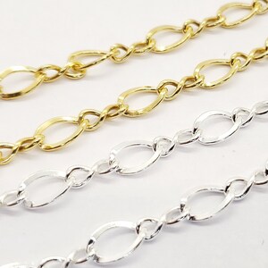 May include: Close-up of three delicate chains in gold and silver. The chains feature an oval link design, with two gold chains at the top and a silver chain below. The chains are displayed against a white background, showcasing their intricate details.