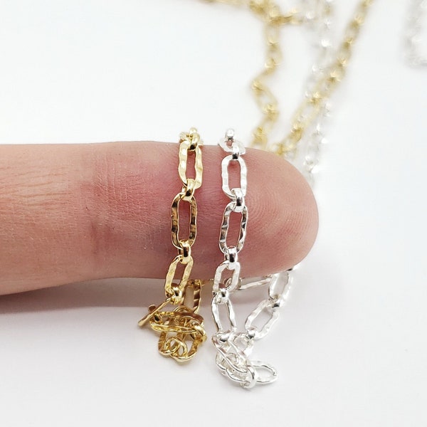 Long and Short Flat Hammered Chain, 3mm x 6.4mm, Sterling Silver, 14k Gold Filled, Sold by the Foot, Bulk Savings Available!!!