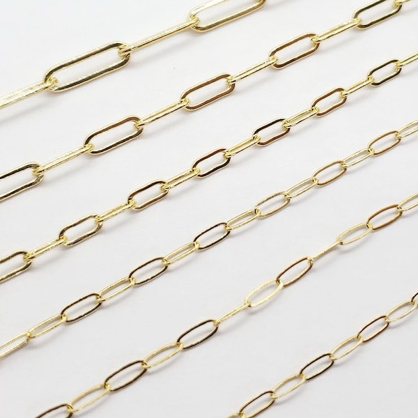 14k Gold Filled Paper Clip Chain, Elongated Rectangle Oval Chain, 5 Sizes, Flat or Round WIre, USA, Bulk Savings Available!!!