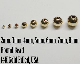 14K goud gevulde ronde kralen, verschillende maten, 2 mm, 3 mm, 4 mm, 5 mm, 6 mm, 7 mm, 8 mm, 10 mm, 12 mm VS,