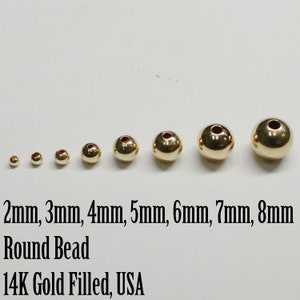 14K Gold Filled Round Beads, Various Sizes, 2mm, 3mm, 4mm, 5mm, 6mm, 7mm, 8mm, 10mm, 12mm USA,
