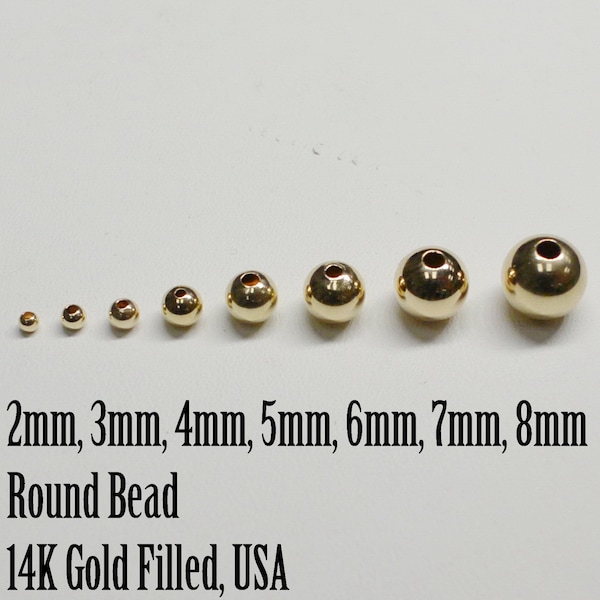 14K goud gevulde ronde kralen, verschillende maten, 2 mm, 3 mm, 4 mm, 5 mm, 6 mm, 7 mm, 8 mm, 10 mm, 12 mm VS,