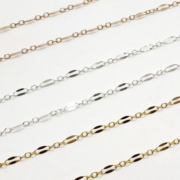Long and Short Dapped Sequin Chain, 5mm x 2.4mm, Sterling Silver, Gold Filled, Rose Gold Filled, Sold by the Foot, Bulk Savings Available!!!