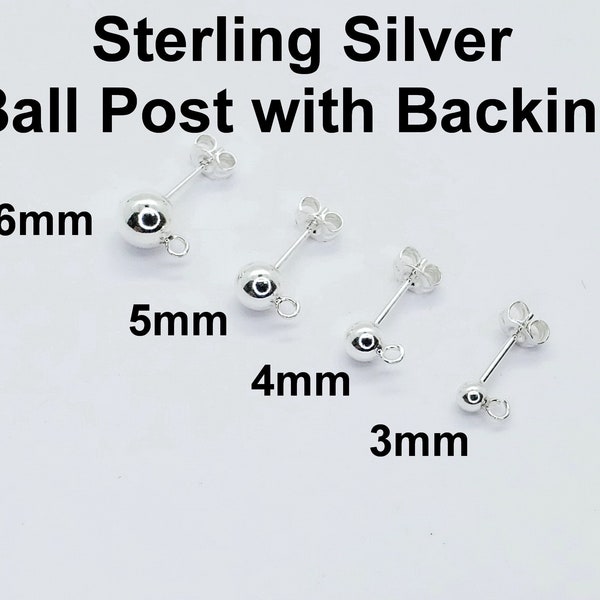 Sterling Silver Ball Post Earring with Open Ring, 3 Pairs, Backings Included, 3mm, 4mm, 5mm, 6mm, Bulk Savings Available!!