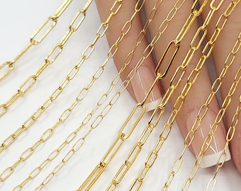 14k Gold Filled Paper Clip Chain, Elongated Rectangle Oval Chain, 5 Sizes, Flat or Round WIre, USA, Bulk Savings Available!!!