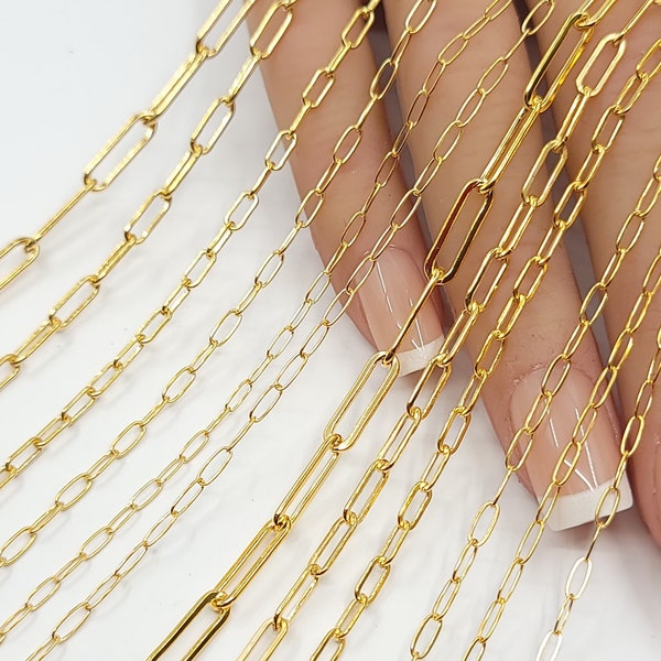 14k Gold Filled Paper Clip Chain, Elongated Rectangle Oval Chain, 5 Sizes, Flat or Round WIre, USA, Bulk Savings Available!!!