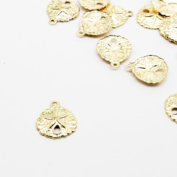 14k Gold Filled Charm, Starfish on Sand Dollar, Pack of 4 Pieces, 10mm, USA, Lightweight