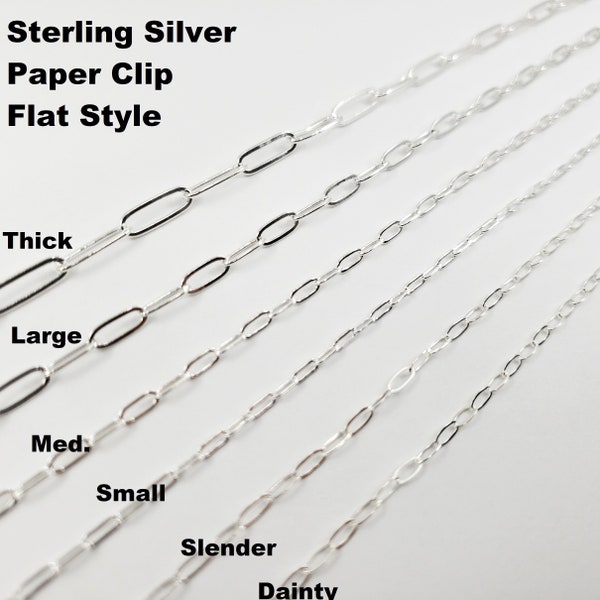 Sterling Silver Paper Clip Chain, Elongated Rectangle Oval Chain, 5 Sizes, Flat or Round WIre, USA, Bulk Savings Available!!!