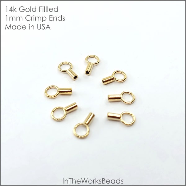 14k Gold Filled Crimp Ends, End Caps, 1mm Inner Diameter, Sold in packs of 6, USA Bulk Savings Available!!
