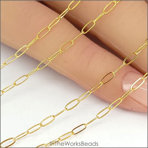 14k Gold Filled Paper Clip Chain, Elongated Rectangle Oval Chain, 1.8mm x 4.8mm, Flat or Round WIre, USA, Bulk Savings Available!!!
