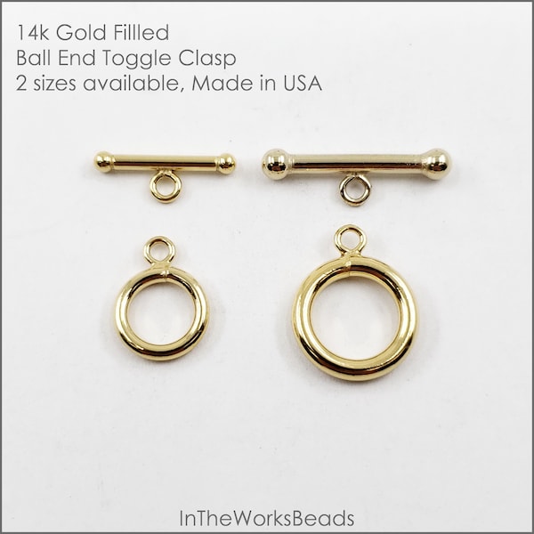 14k Gold Filled Toggle Clasp, Ball End Style, 2 Sizes, 9mm, 12mm, 1 Piece, Made in USA, Bulk Savings Available!!!