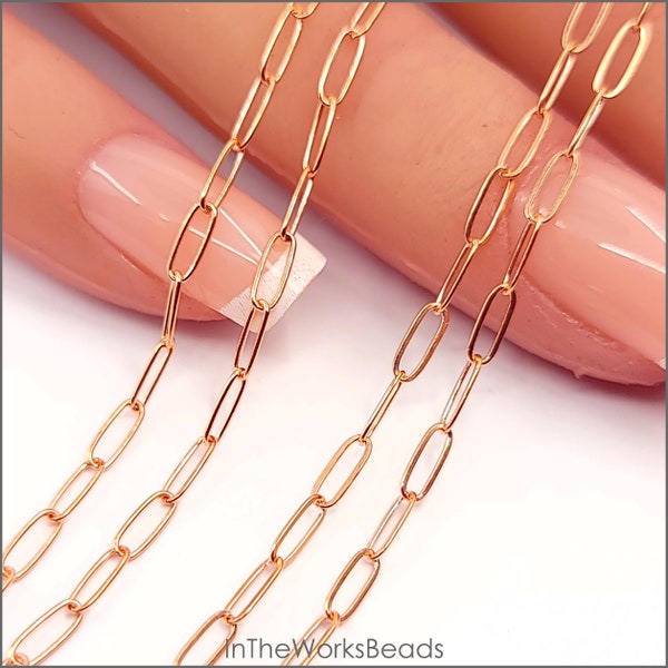 14k Rose Gold Filled Paper Clip Chain, Elongated Rect. Oval Chain, 2mm x 5mm, 27 Gauge, Flat or Round Wire, USA, Bulk Savings Available!!!