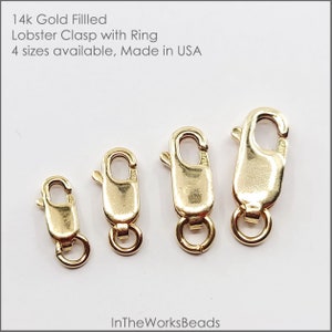 May include: Four gold-filled lobster clasps with rings in different sizes. 14k Gold Filled Lobster Clasp with Ring. 4 sizes available, Made in USA.