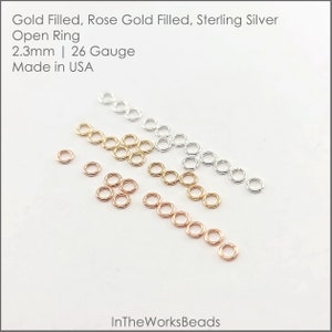 May include: Assortment of 2.3 mm open jump rings in gold filled, rose gold filled, and sterling silver.  The rings are 26 gauge and made in the USA.  Gold Filled, Rose Gold Filled, Sterling Silver Open Ring 2.3mm | 26 Gauge Made in USA