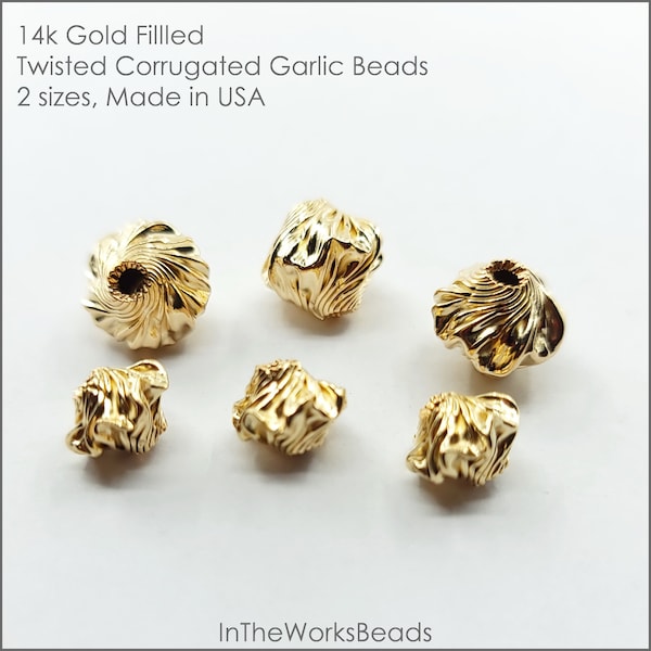 14K Gold Filled Twisted Corrugated Garlic Beads, 8mm or 10mm, 1 Piece, USA, Bulk Savings Available!!!