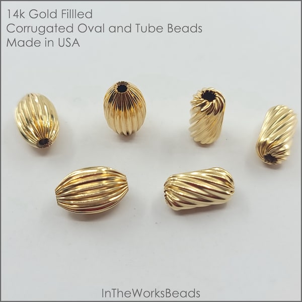 14K Gold Filled Corrugated or Twisted Tube Oval Bead, 1 Piece, USA, 6.3mm, 8.3mm, Bulk Savings Available!!!