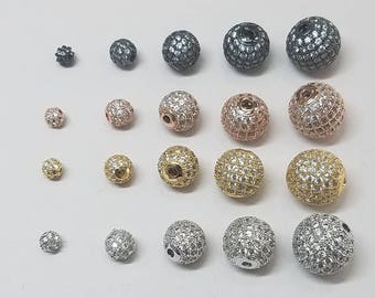 10 Piece - Round Micro CZ Pave Beads, 4mm, 5mm, 6mm, 8mm, 10mm, 12mm, Gunmetal, Silver, Gold, Rose Gold