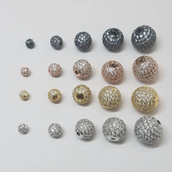 10 pièces - Micro perles CZ rondes pavées, 4 mm, 5 mm, 6 mm, 8 mm, 10 mm, 12 mm, bronze à canon, argent, or, or rose
