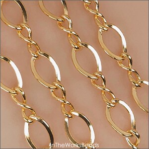 May include: Close-up of a gold chain featuring oval links and twisted connecting sections. The chain has a bright, shiny finish. The image includes the text "InTheWorksBeads" in the bottom left corner. This chain is suitable for jewelry making.