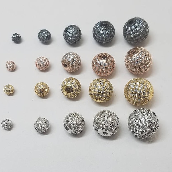 1 Piece - Round Micro CZ Pave Beads, 5mm, 6mm, 8mm, 10mm, 12mm, Gunmetal, Silver, Gold, Rose Gold