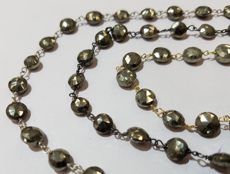 Sterling Silver Pyrite Wire Wrapped Chain, 5mm to 7mm Pyrite Coin Facet, 1, 5, 10 Feet image 1