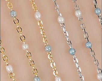 Pearly White and Baby Blue Enamel Satellite Chain, 14k Gold Filled or Sterling Silver, Made in Italy, T4051EB-Eira Bulk Savings Available!!!