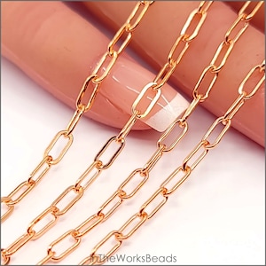 14k ローズ ゴールド フィルド ペーパー クリップ チェーン、細長い長方形の楕円形チェーン、2.4 mm x 6 mm、フラットまたはラウンド ワイヤー、米国製、まとめ買い割引あり!!!