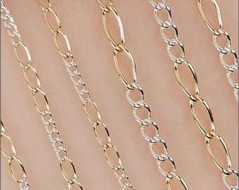 2 Tone Open Figaro Chain, 5 to 3 Ratio, 1.8mm or 2.6mm, 14k Gold Filled, Sterling Silver, USA