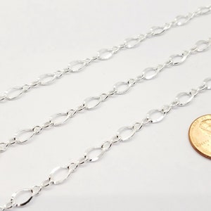 May include: Three strands of silver-coloured chain with an oval link design are shown. A penny is included for scale. The chains are displayed on a white background. The chains are likely for jewellery making.