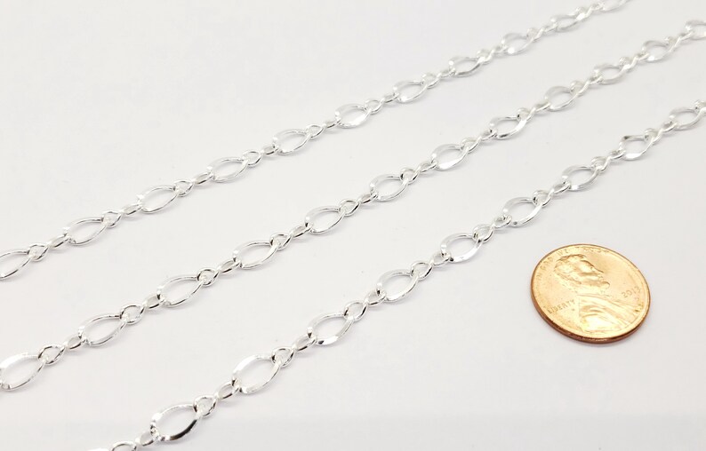 May include: Three strands of silver-coloured chain with an oval link design are shown. A penny is included for scale. The chains are displayed on a white background. The chains are likely for jewellery making.