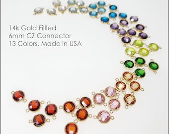 14k Gold Filled 6mm Flat CZ CHB Birthstone Connectors, 12 Colors to choose, 2 Pieces per pack, USA, Bulk Savings Available!!!