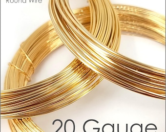 May include: Close-up of 12k gold filled round wire in 20 gauge. The wire is coiled and appears shiny and bright gold. The text "12k Gold Filled Round Wire" and "20 Gauge" is visible in the image. The text "In The Works Beads" is also visible in the image.