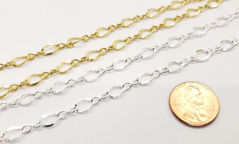 May include: Close-up of gold and silver oval link chains. The chains are displayed diagonally. A penny is included for size comparison. The chains are likely for jewellery making.