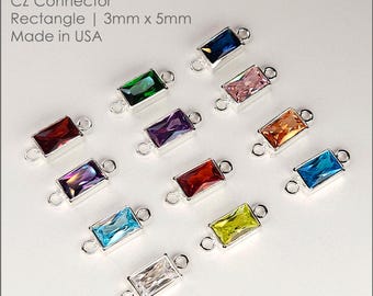 Sterling Silver Birthstone Rectangle CZ Connector 3mm x 5mm | 2 Pieces | Bulk Savings on 10 Pieces, 30 Pieces | Made in USA