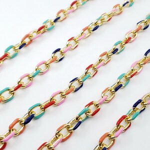 Gold Plated Enamel Chain, Multi Color, 7.6mm x 11mm, Heavy Cable, By the Foot or Yard, Brass, Bulk Savings Available!!!