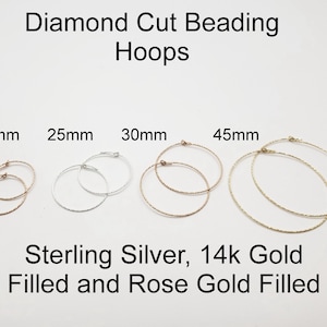Diamond Cut Wire Beading Hoops, Sterling Silver, 14k Gold Filled, Rose, 20mm, 25mm, 30mm, 45mm, 22 Gauge, 925, Bulk Savings Available!!!
