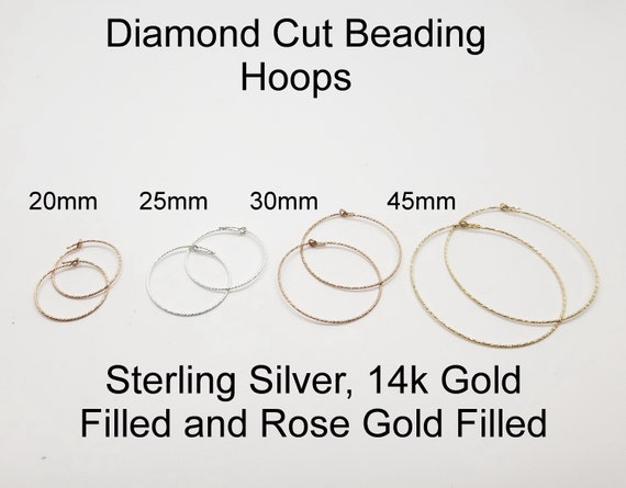 Diamond Cut Wire Beading Hoops, Sterling Silver, 14k Gold Filled, Rose, 20mm, 25mm, 30mm, 45mm, 22 Gauge, 925, Bulk Savings Available!!!