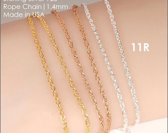 1.4mm Rope Chain by the Foot, Sterling Silver, 14k Gold Filled, Rose Gold, Made with 30 Gauge, French Rope, D11R USA, Bulk Savings !!!