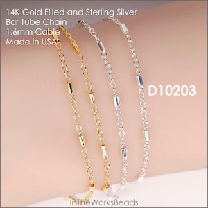 14k Gold Filled, Sterling Silver Tube Chain, Bar Cable, 1.6mm x 2.1mm Cable, 1.7mm x 3mm Tube, Sold by the Foot, D10203 Bulk Savings !!!