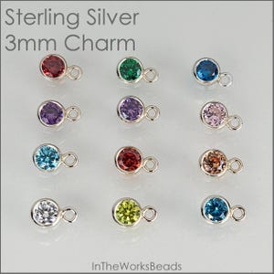 Dije de piedra natal de plata esterlina de 3 mm / 2 piezas / 13 colores de piedra natal / Circonita cúbica / Ahorros al por mayor en 10 piezas / Fabricado en EE. UU.