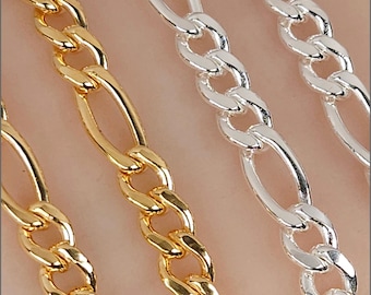 4.6mm Flat Figaro Curb Chain, 14k Gold Filled or Sterling Silver, Italy, Bulk Savings