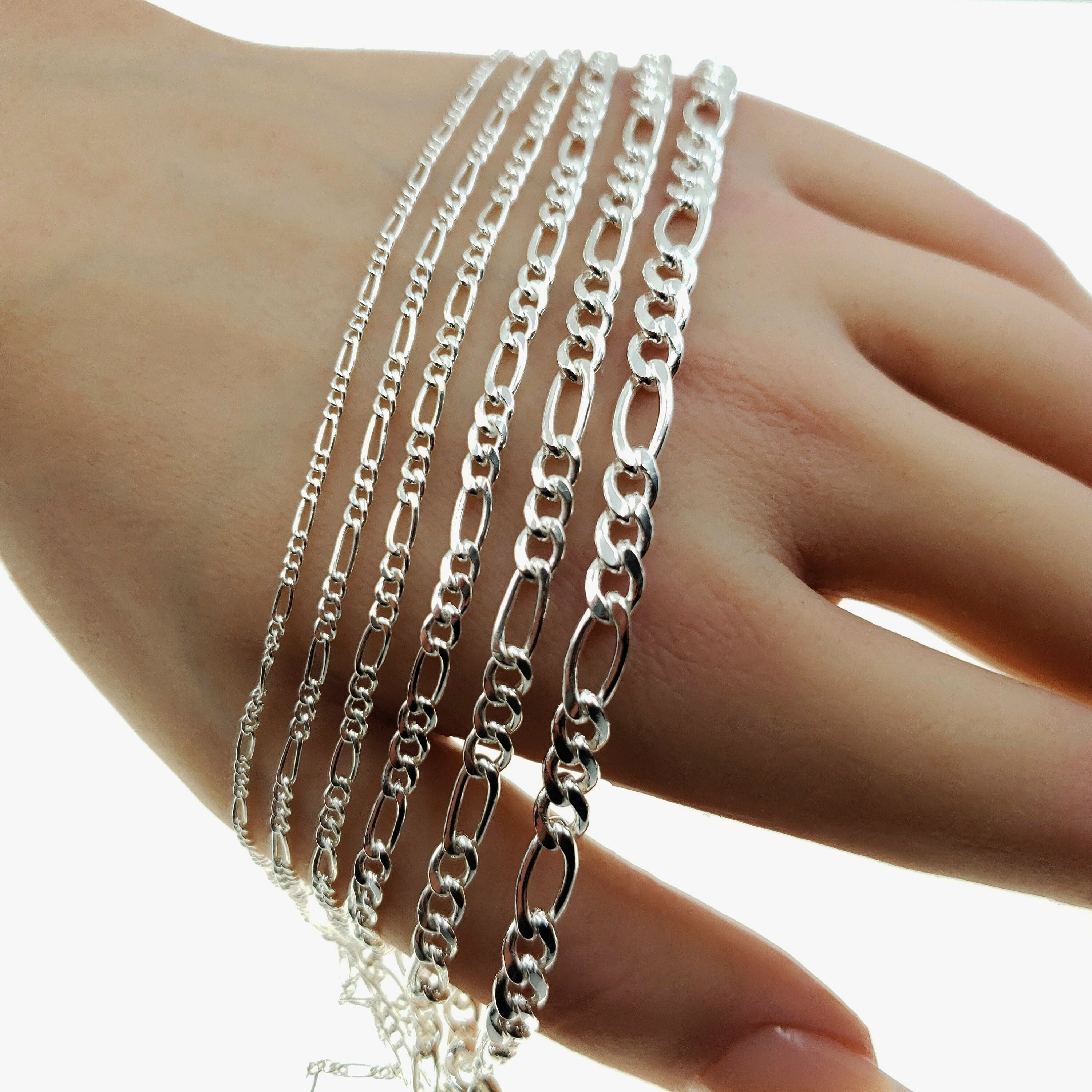 Sterling Silver Flat Figaro Curb Chain, 6 Sizes, 1.4mm to 4.6mm, Italy, Bulk Savings Available!!!