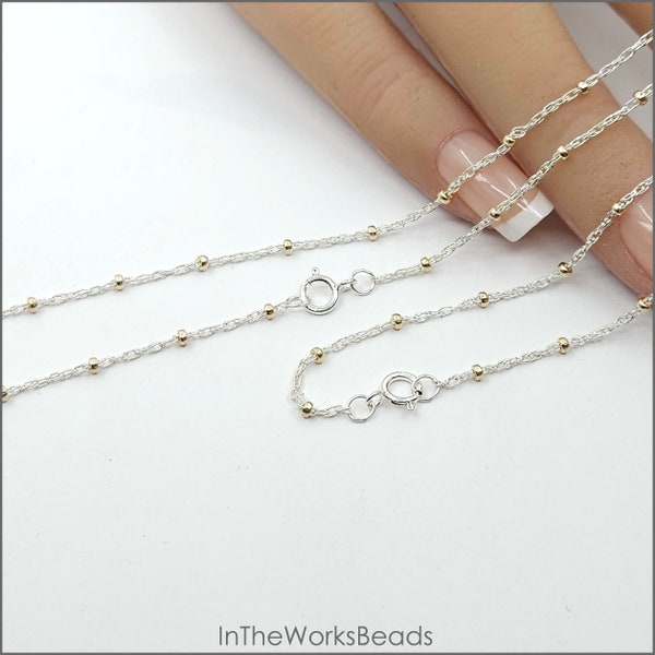 Sterling Silver 2 Tone with Gold Filled Bead Satellite 1.4mm Rope Necklace, 16 Inch, 18 Inch, 20 Inch, USA, Bulk Savings Available!!!